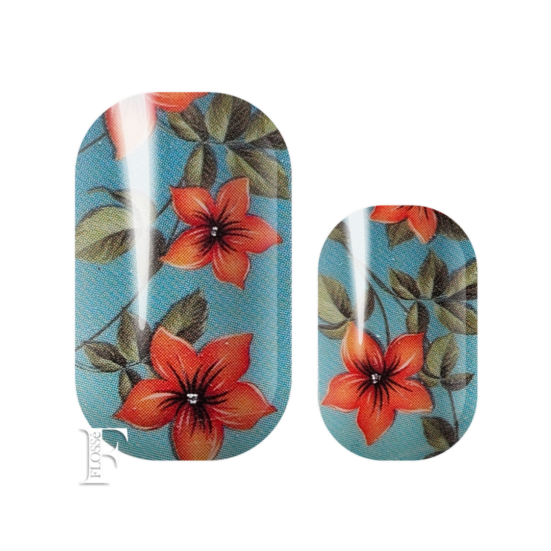 Vintage-style lilly pattern with red-orange flowers and green leaves on a light sky blue base. New Zealand nail wrap stickers.