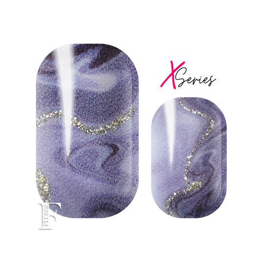 FLOSSé X series wider nail wraps. Geode marbled purples with silver glitter accents. 