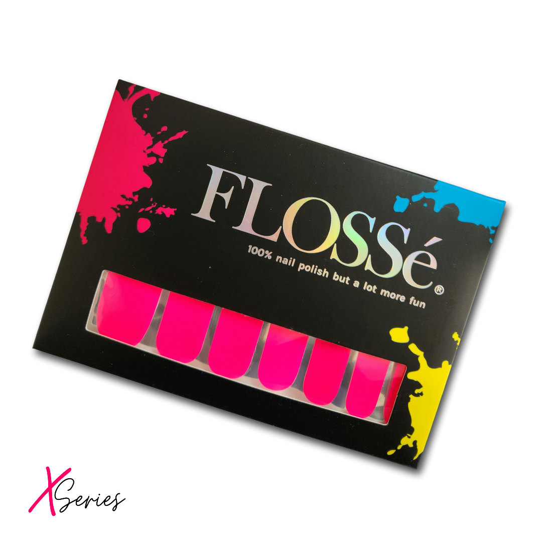 Flossé x series wide nail wraps in hot fluro pink. Shown in card outer packaging.