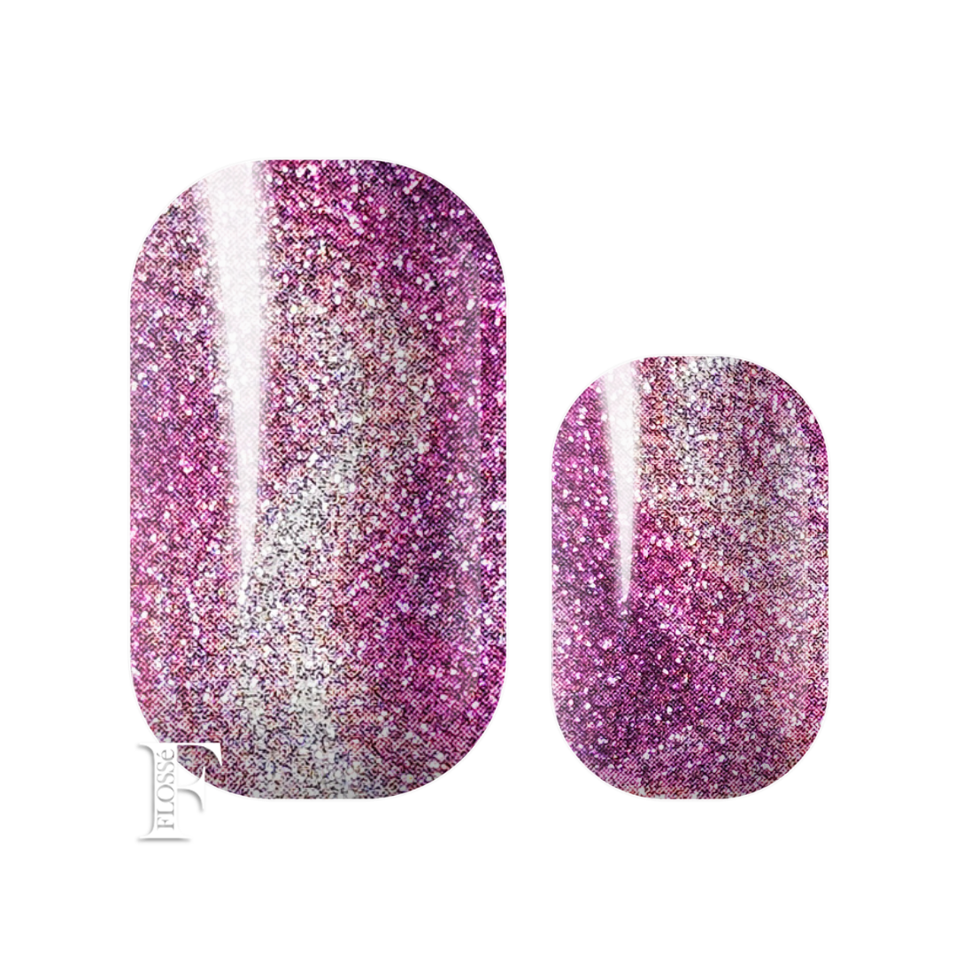 Flossé nail wraps featuring swirls of pearly white, silver, and purple glitter. New Zealand nail wraps.