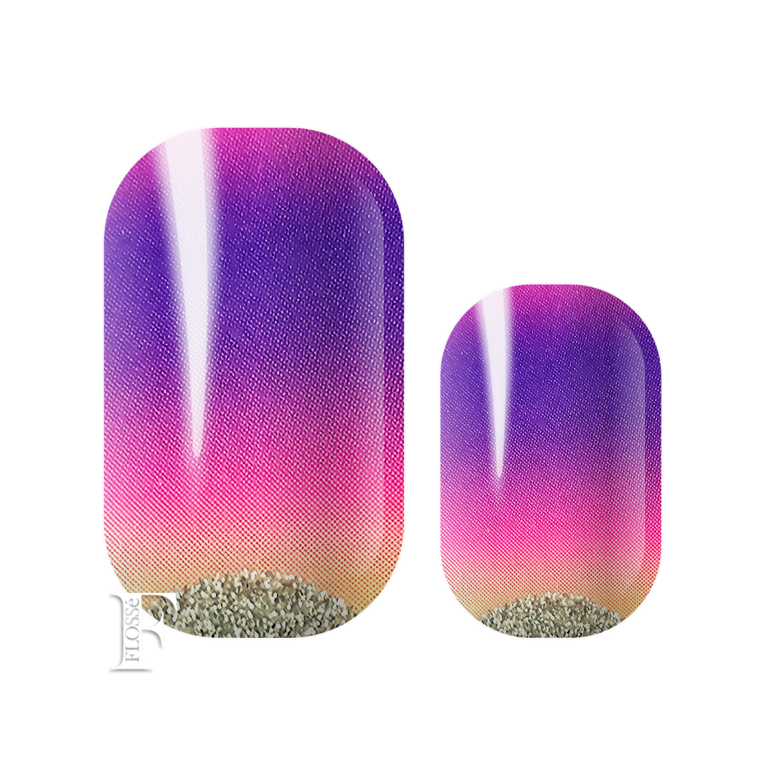 Flossé nail wraps featuring an ombré fading from soft yellow to vibrant purple, with a silver glitter sparkle detail at the nail bed. New Zealand nail wrap stickers.