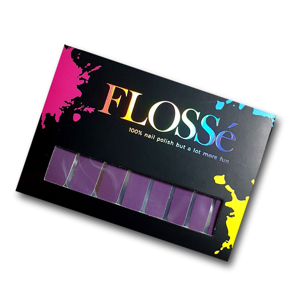 FLOSSé chasing thunder purple nail wraps in boxed packaging.