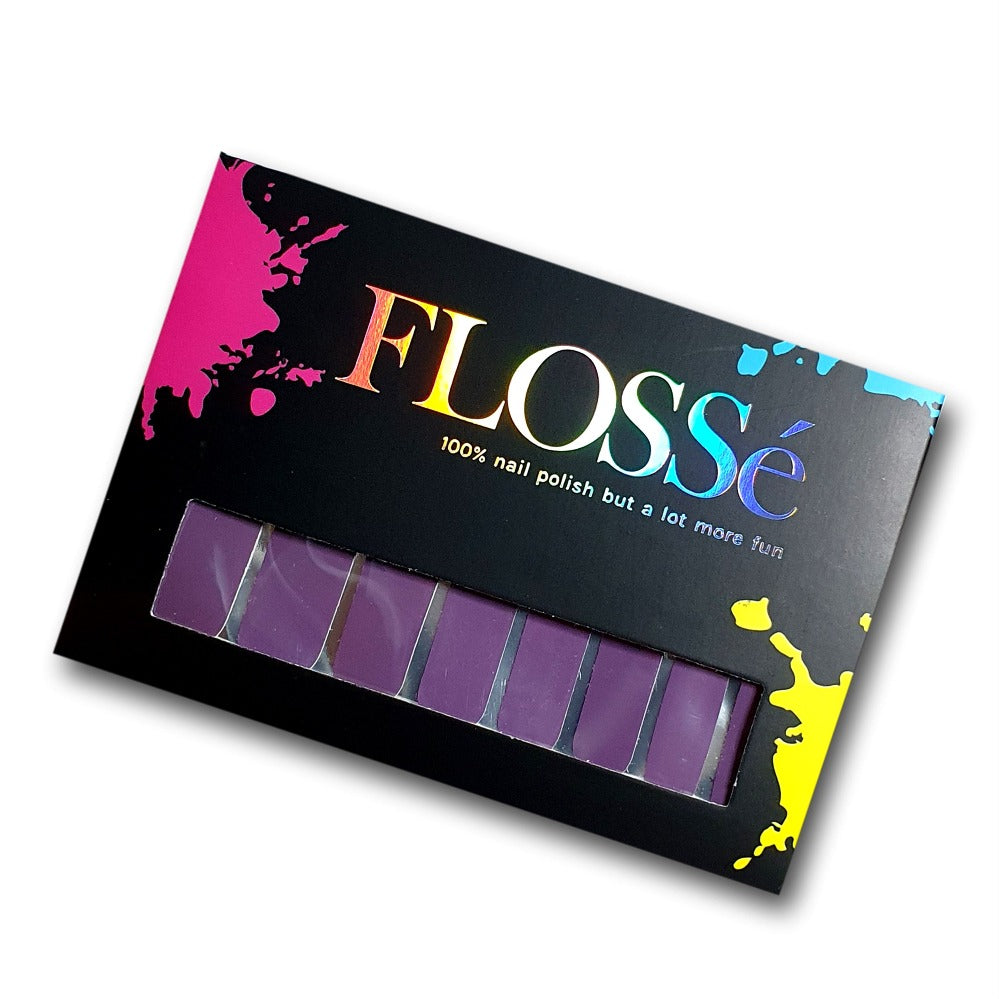 FLOSSé chasing thunder purple nail wraps in boxed packaging. 