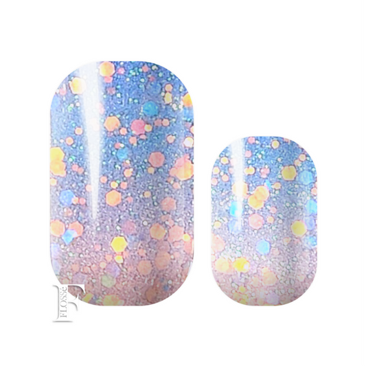 Light purple and blue ombre dusted with rose gold glitter and sequins. Cleo Flossé nail wraps nz