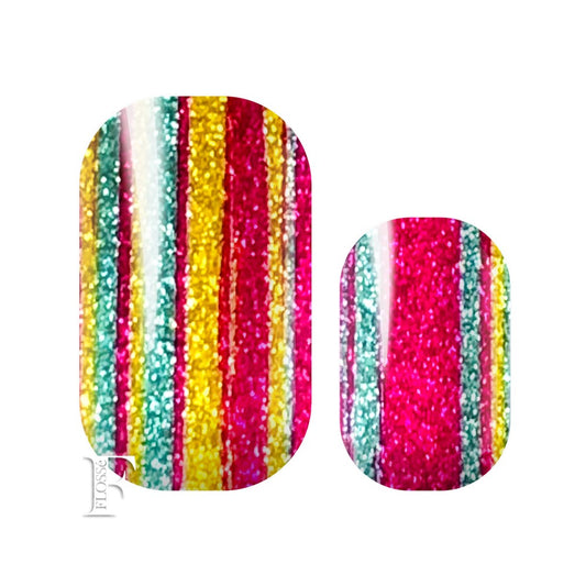 Boy George bright multi coloured striped glitter wraps with yellow, blue, and deep pinks.