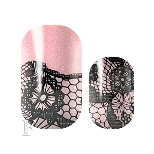 Soft pink pearl glitter nail wraps with black lace pattern overlay. Mixed set nail polish stickers..