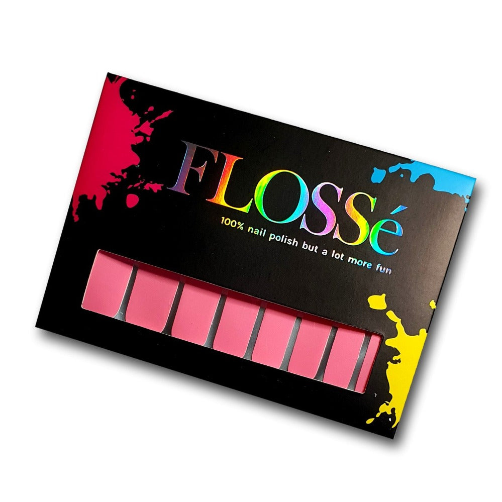 cute bubble gum pink nail wraps shown in FLOSSé packaging.