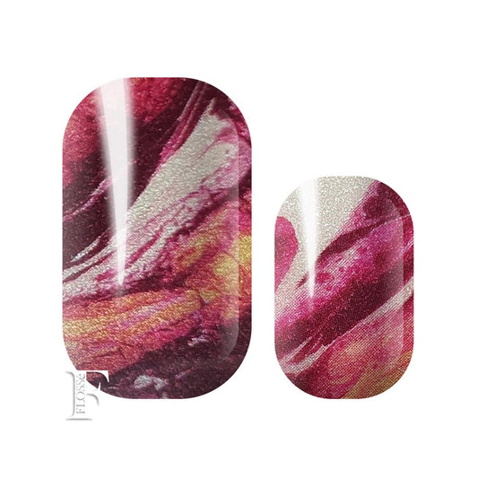 Cosmic styled nail wraps with marbled colours of maroon, pink, purple, dark pinks and white. Pearl finish.
