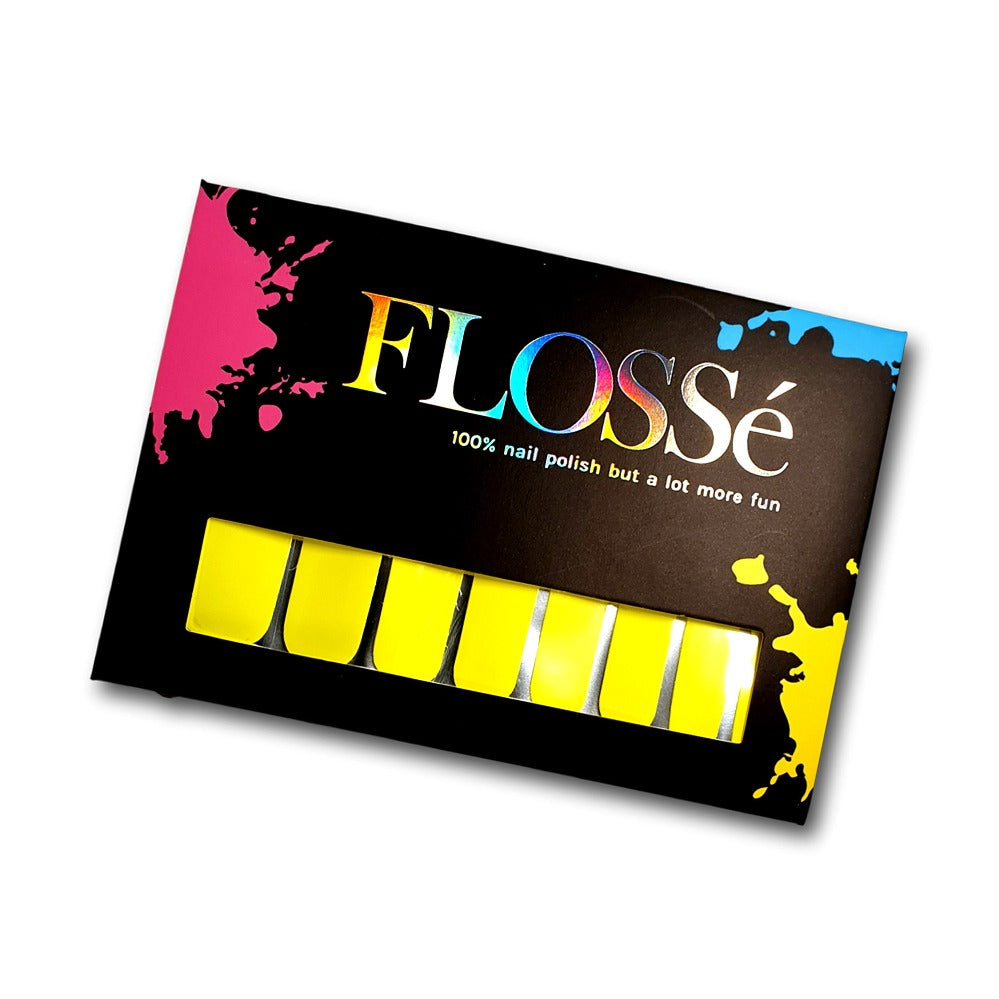 Fluro neon yellow nail wraps in FLOSSe packet.