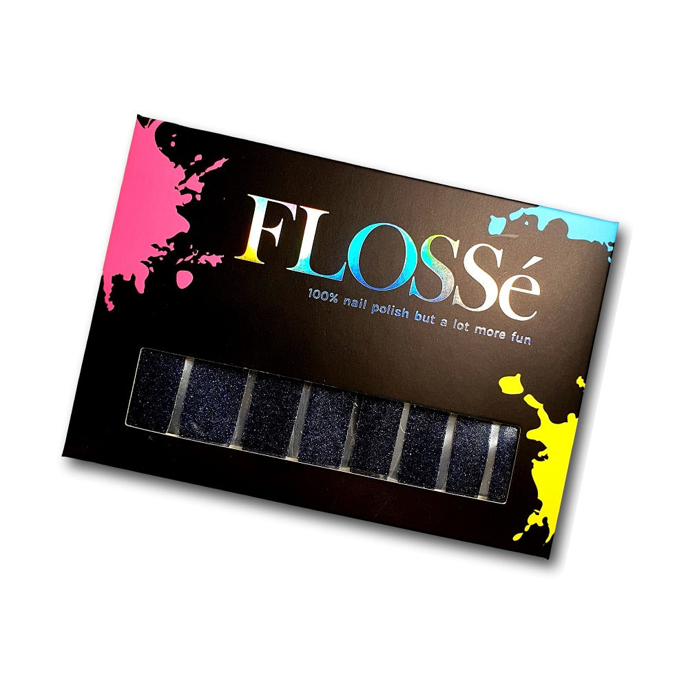Stargaze black glitter nail wraps in packet. Flosse nail wraps NZ
