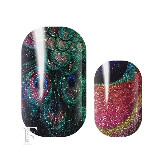 Glitter nail wraps with all the colours of a peacock.