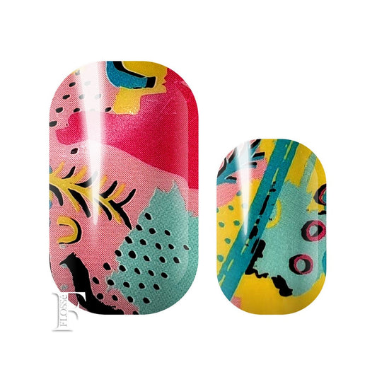 Pop art style picture nail wraps in bright summer colours. Pinks, blues, teals and yellow. Pina colada nail wraps.