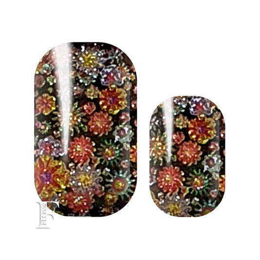 Glitter nail wraps with multicoloured flowers on black