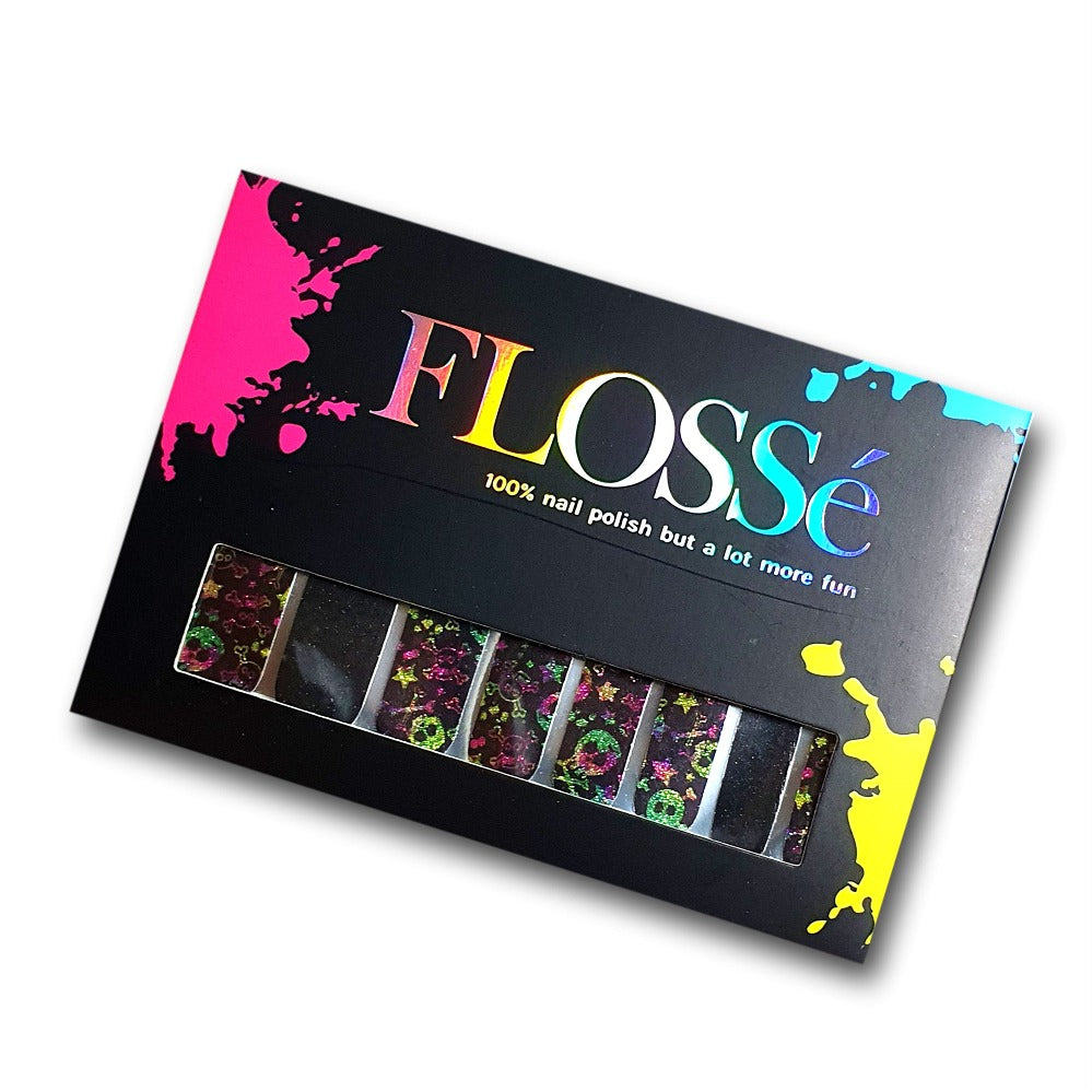 glittery black Caribbean curse nail wraps in FLOSSe packaging