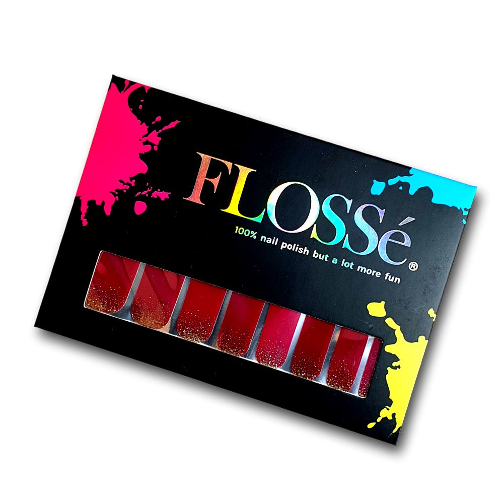 Full set of 16 Flossé regal red nail wraps in card packaging