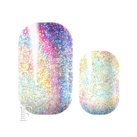 Nail wraps to die for. Soft pastel pinks, blues, purples, gold and silver swirl with a pearl holographic sparkle overlay.