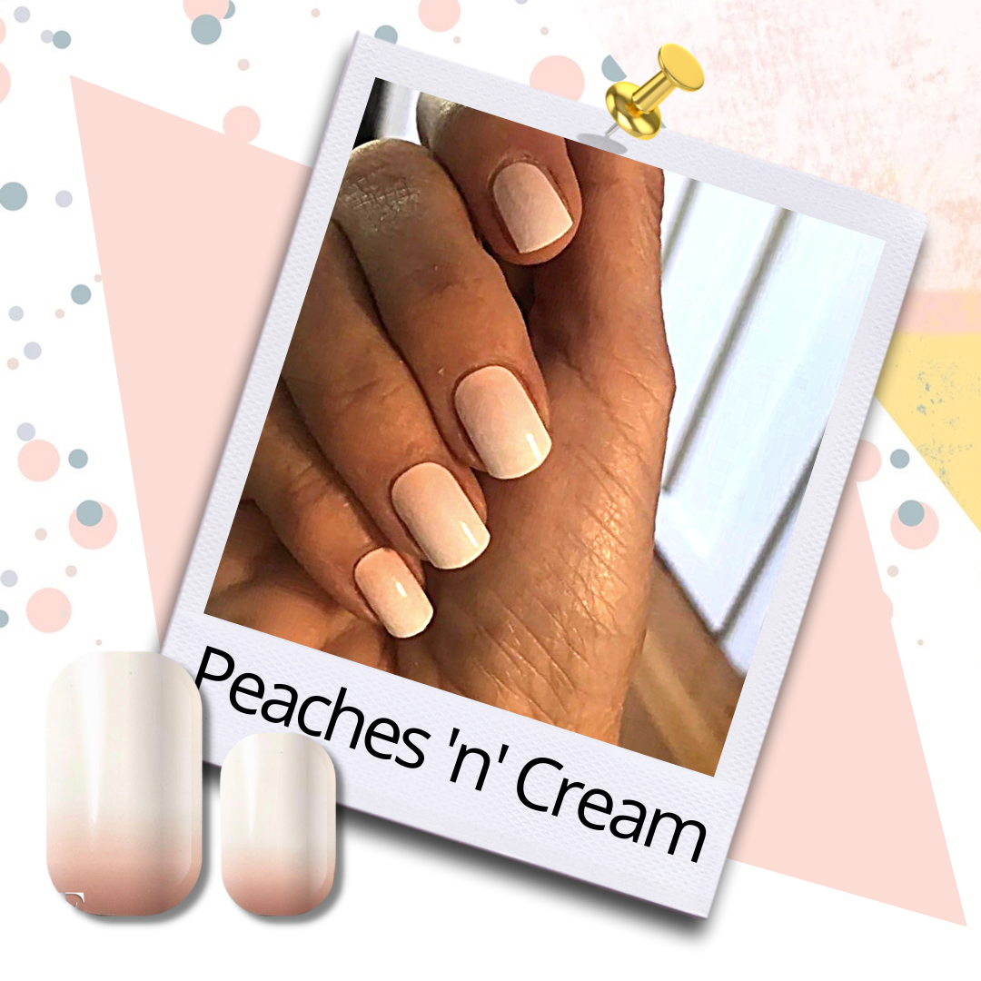 Manicured nails with ombre white and peach Chasing Peaches nail wraps NZ