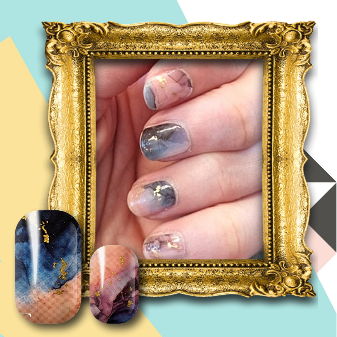 Manicured nails with golden monet nail wraps. FLOSSé nail stickers.