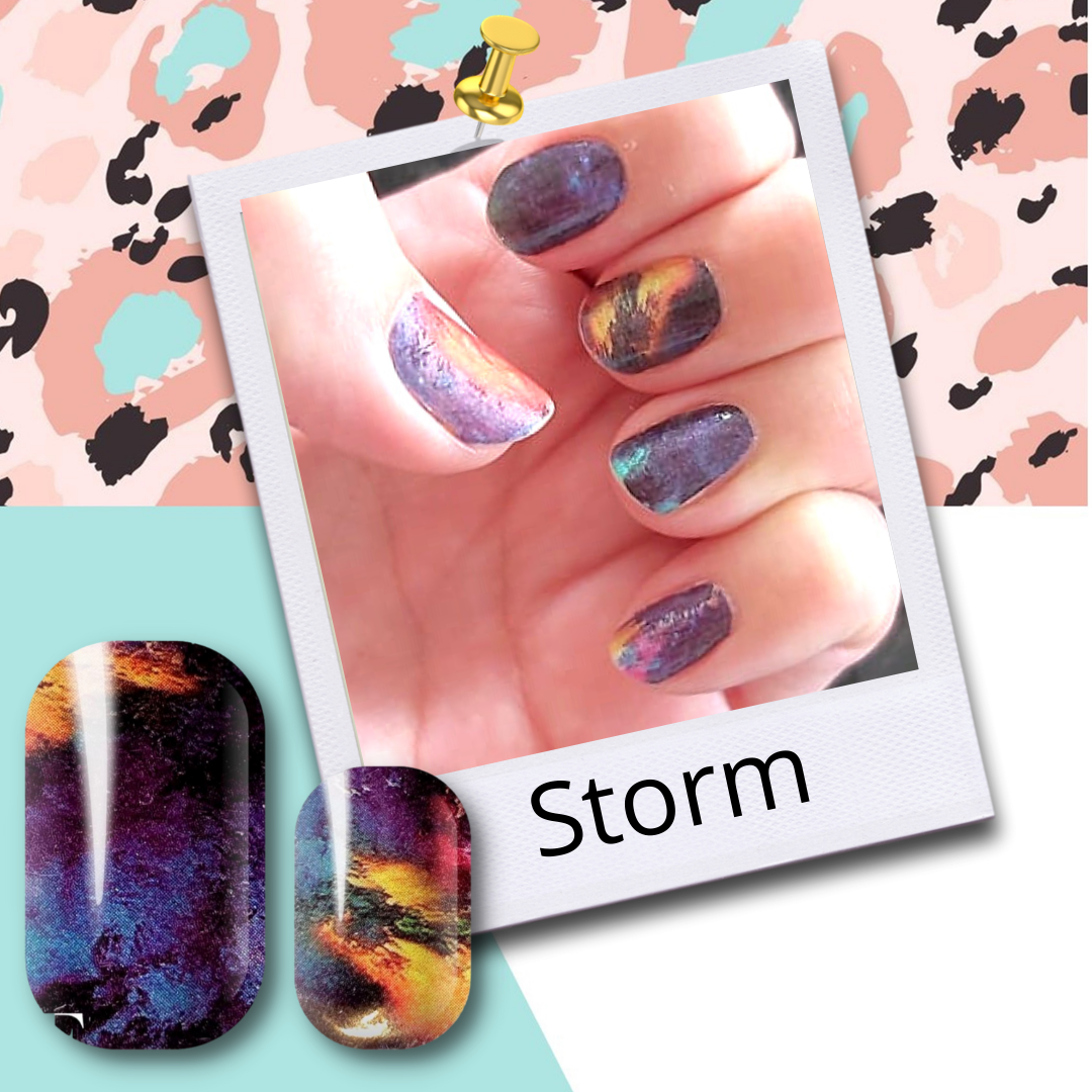 Manicured nails with FLOSSé Storm nail wrap stickers.