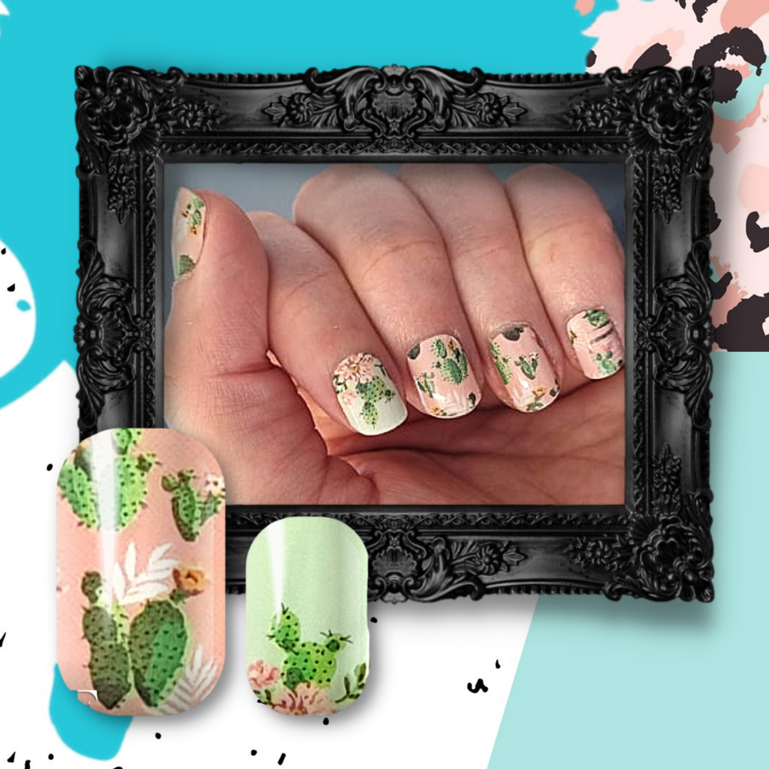 Manicured nails with Desert Days FLOSSe nail wraps nail stickers.