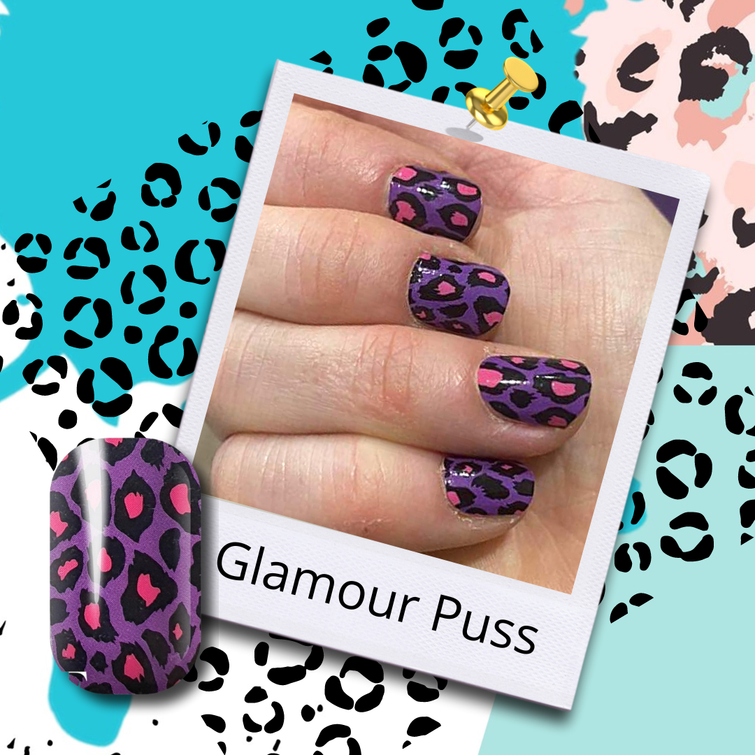 Hand showing home manicure with FLOSSé Glamour Puss nail wraps, purple leopard print wraps with bright pink.