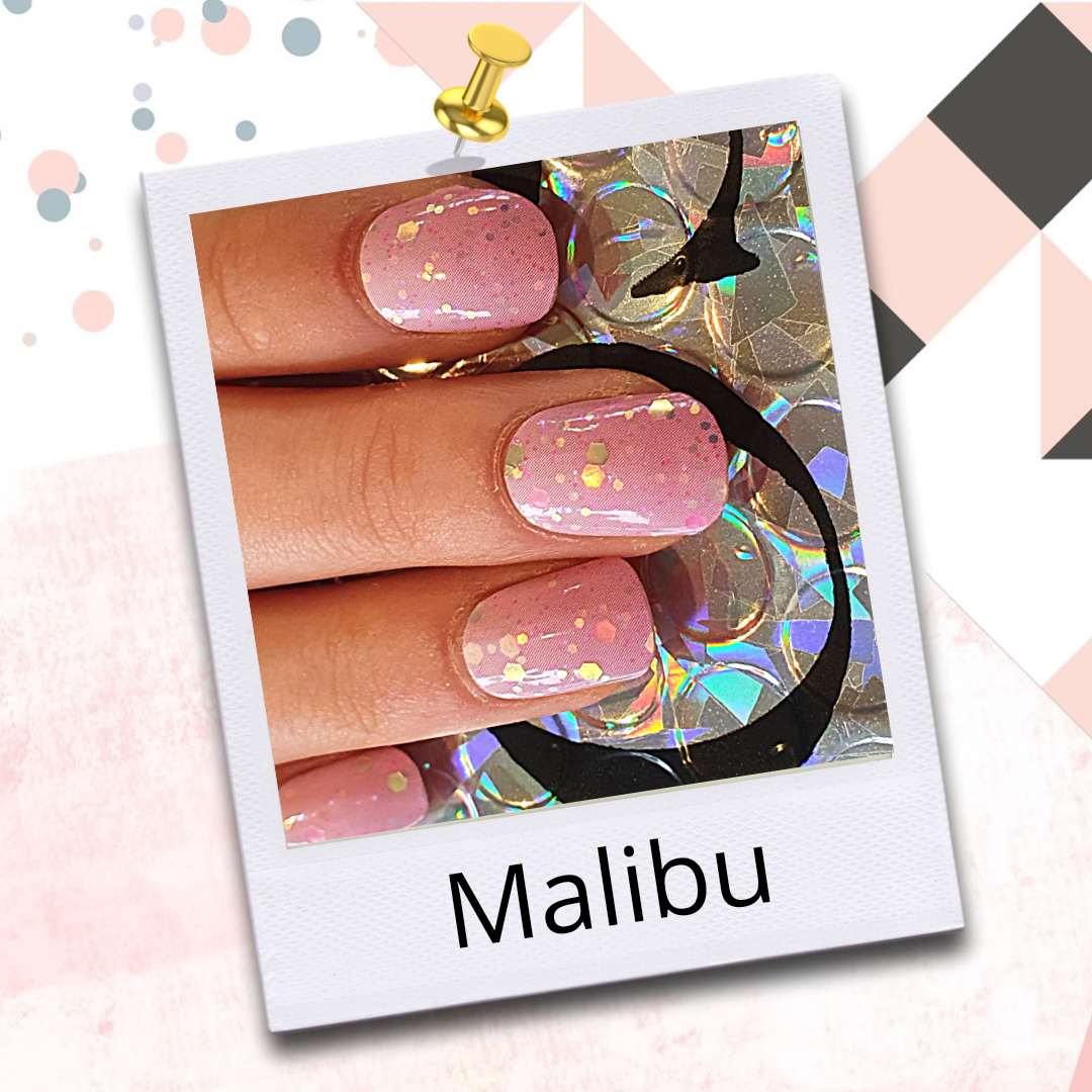Manicured nails with FLOSSé Malibu pink glitter nail wraps. Subtle ombre pink lightening at the nail bed, finished with golden glitter and sequins.