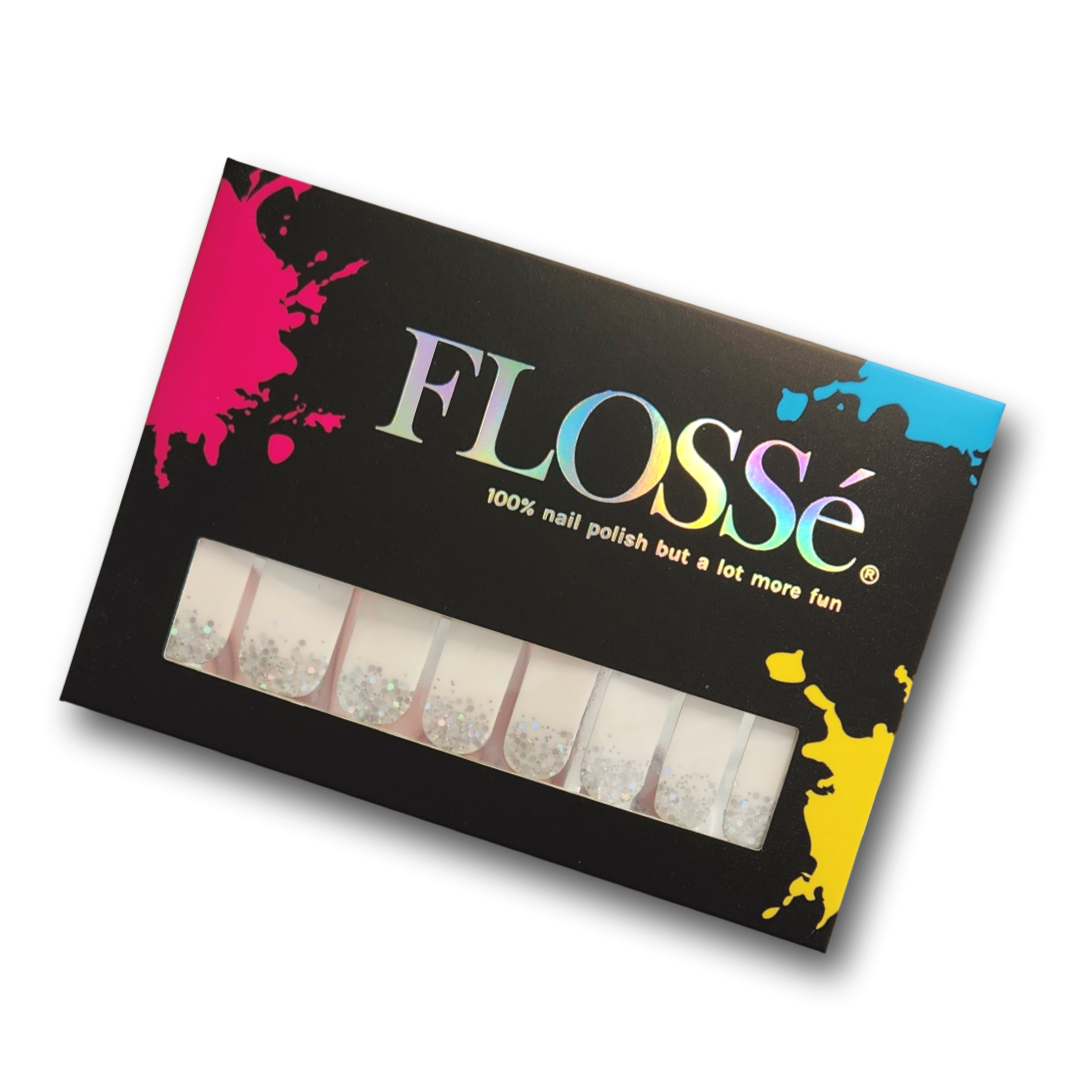 Snowflake nail wraps set of 16 shown in packet. FLOSSé New Zealand. 