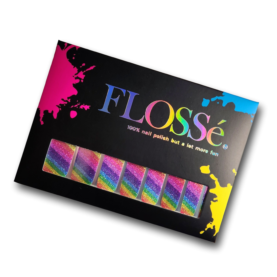 Full set of FLOSSé Piñata rainbow glitter nail wraps in packet. 