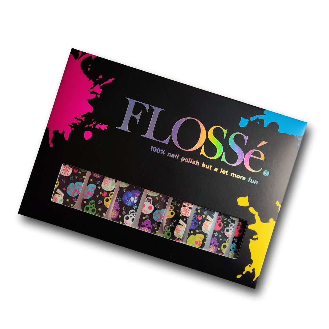 Flossé Muertos halloween skull nail wraps in packaging.