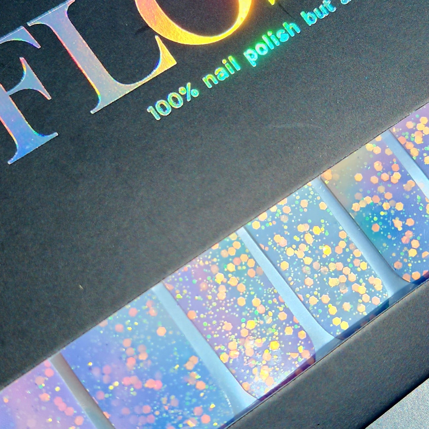 Close up showing sequin and glitter detail on nail wraps.