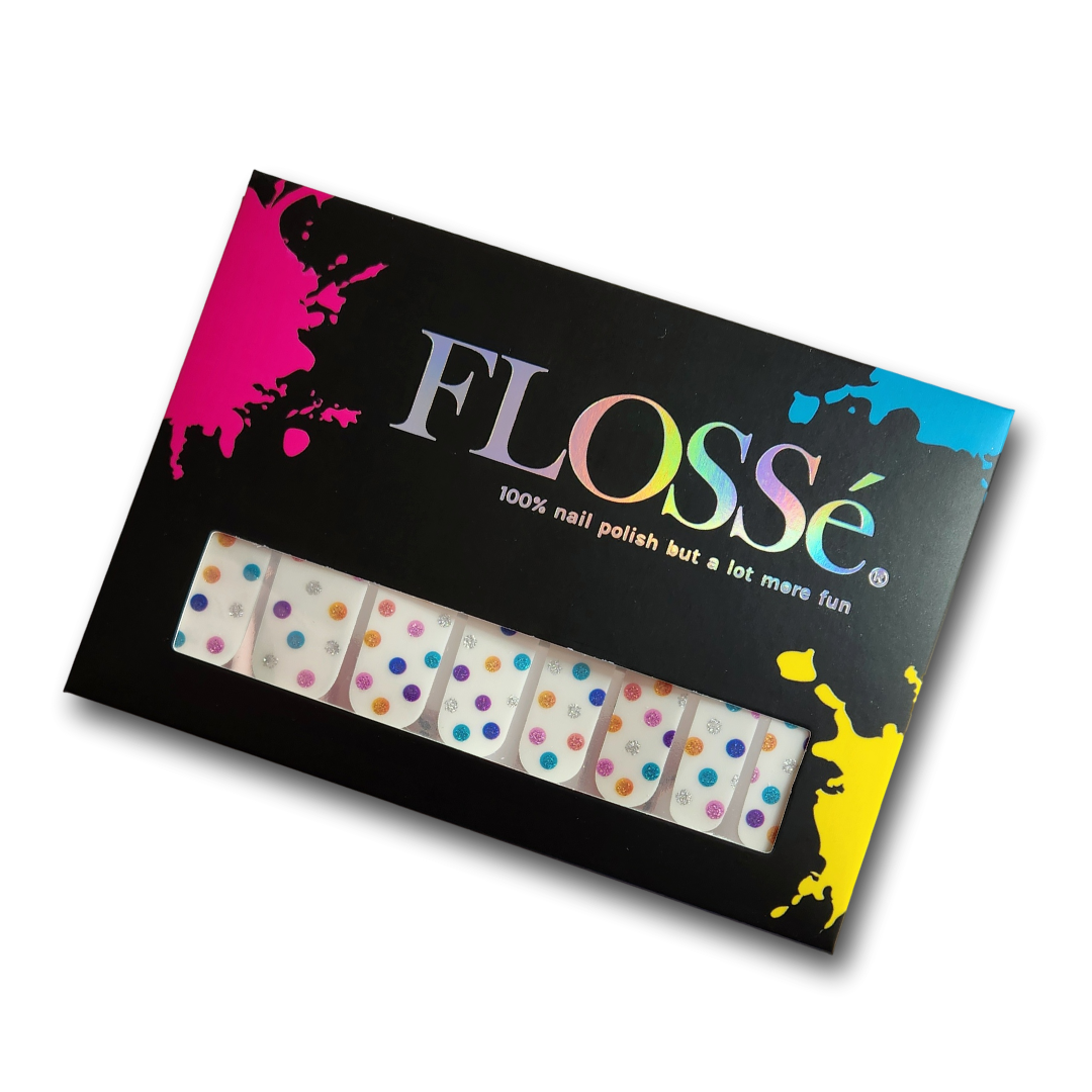 Set of 16 FLOSSé polka party nail wraps in outer packet