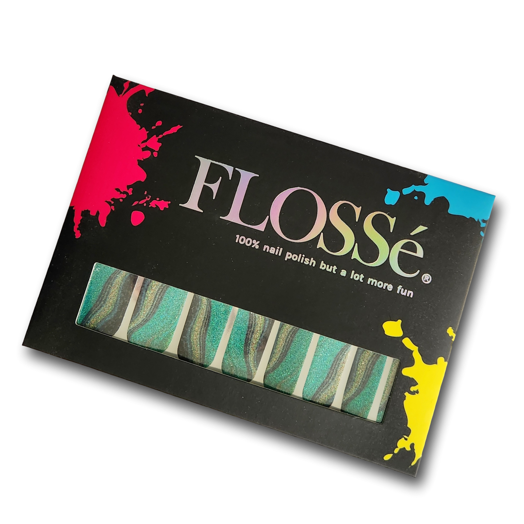 Black, green and gold swirl pattern. Pearl glitter gloss finish. FLOSSé nail wraps nz