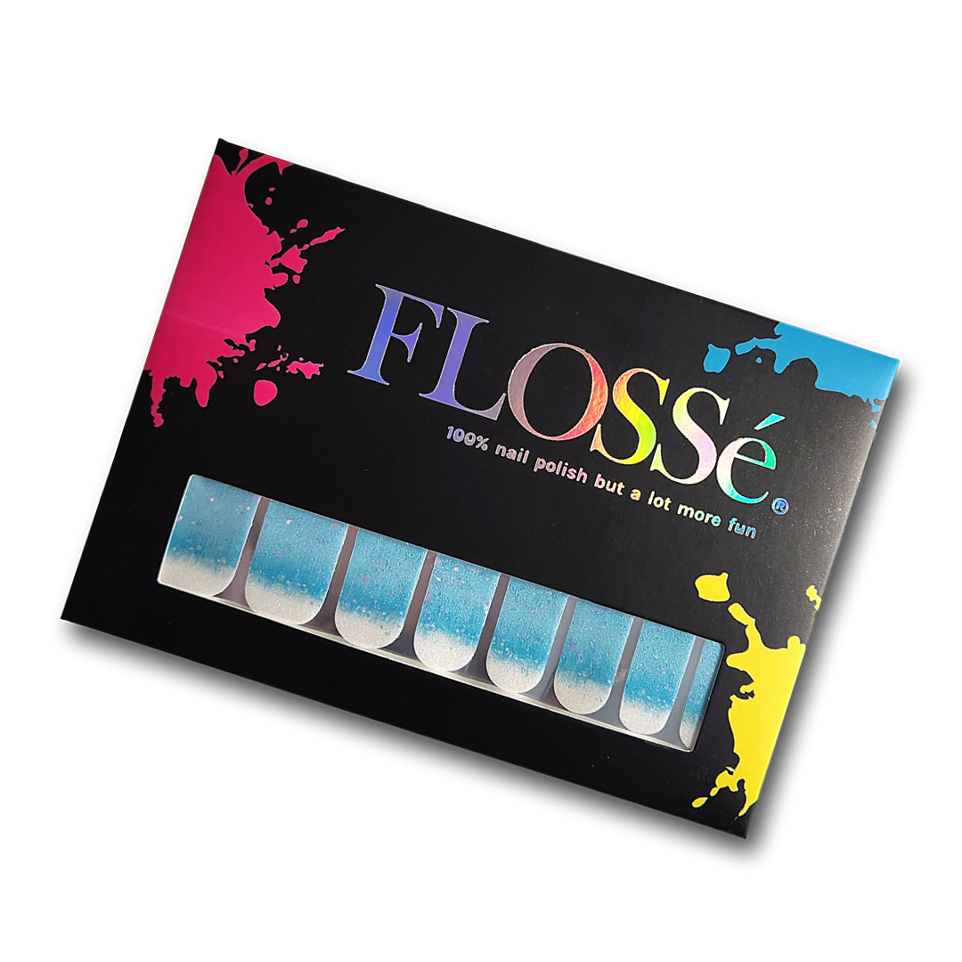 Pack shot of full set of FLOSSé Frozen nail wraps in outer packet.