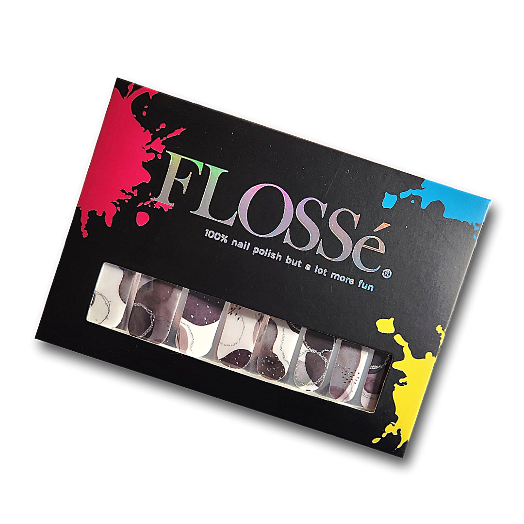 FLOSSé speckled black nail wrap set. Full set of 16 shown in packet.