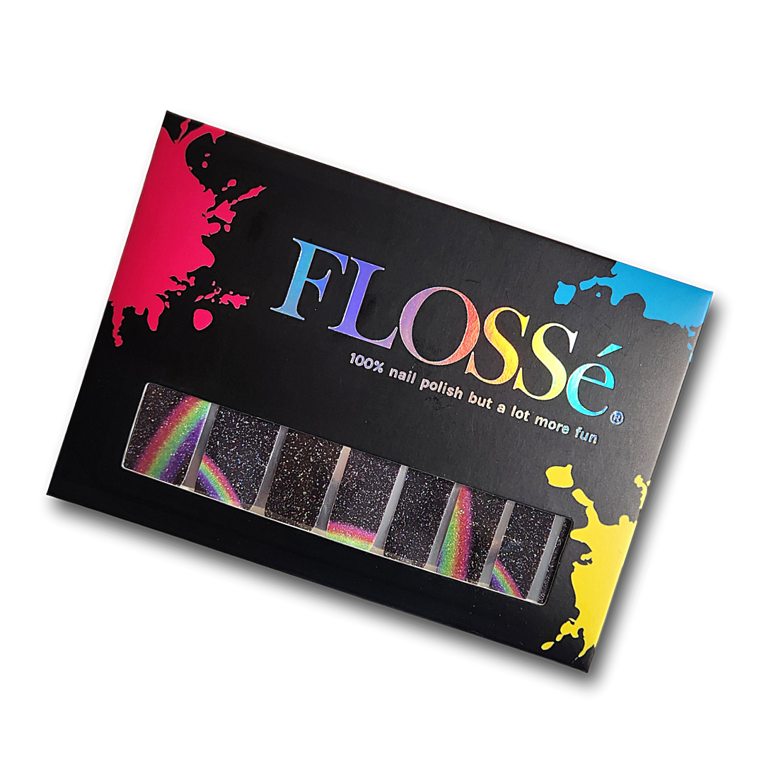 FLOSSé refraction nail wrap set of 16 shown in branded packaging. 