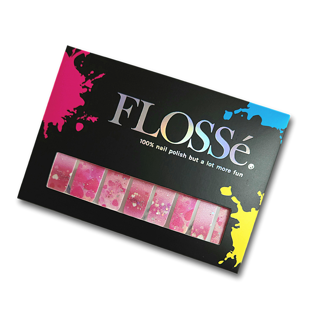 Set of 16 FLOSSé Amoré nail wraps in foil and outer packaging.