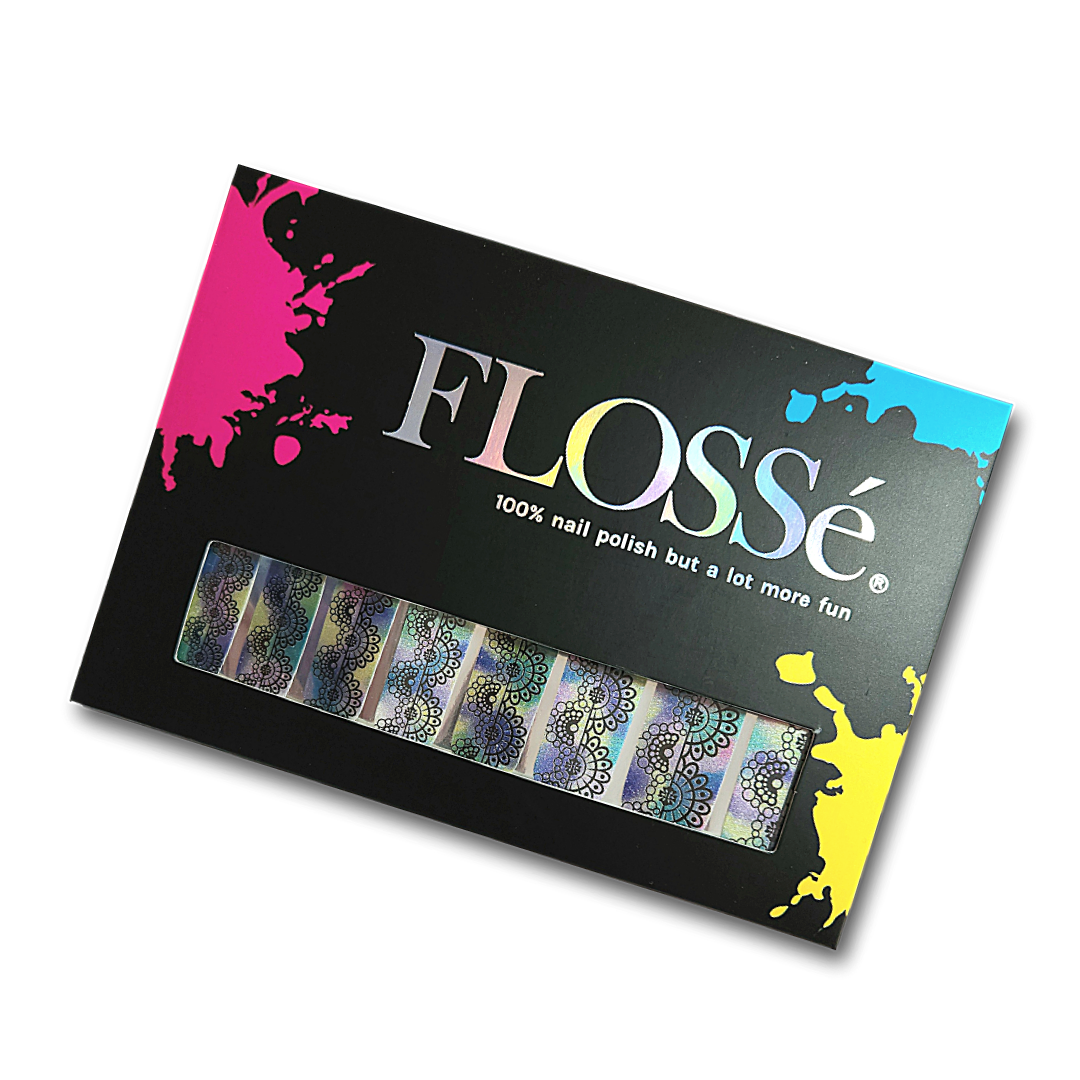 Set of 16 FLOSSé imagine nail wraps in outer sleeve packaging.