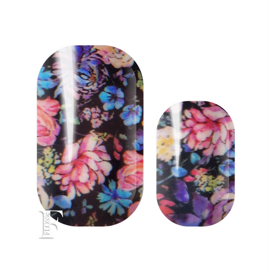 Black block base with bright floral print overtop. Gloss finish. FLOSSé Florance nail wraps nz.