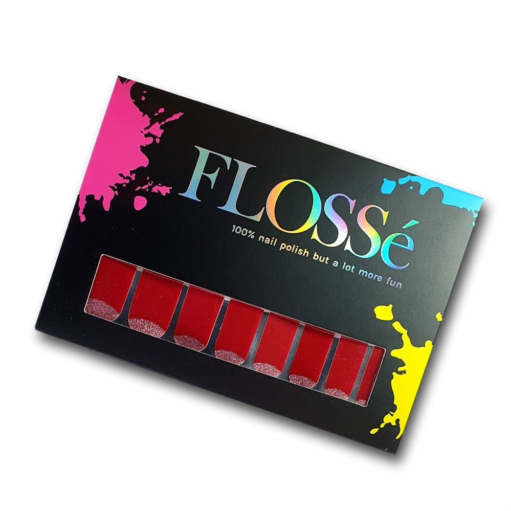 Set of 16 Red Dior style FLOSSe nail wrap stickers in packaging.