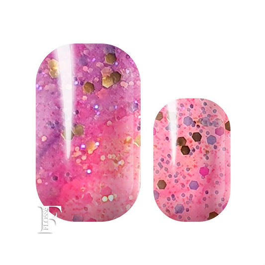 pink and purple nail wraps with gold glitter and sequins