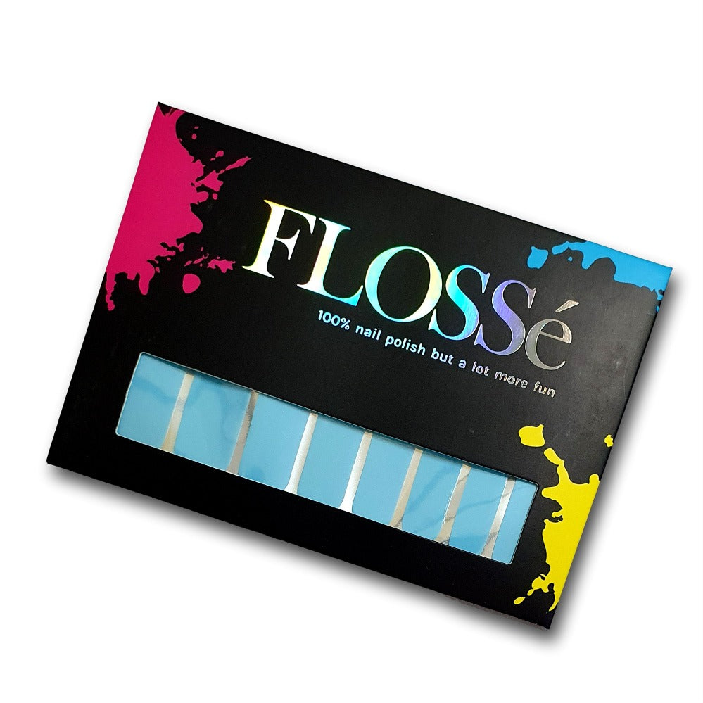 FLOSSé sky blue nail wraps shown in FLOSSé boxed packaging. Long lasting instant nail polish