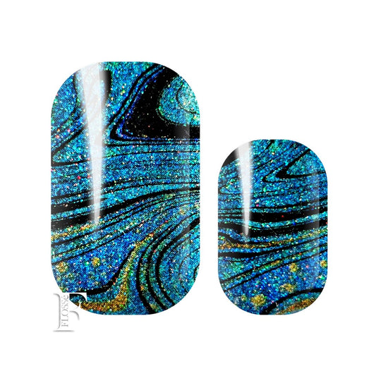 Deep teal, black and hints of gold swirled and marbled together. Sparkling pearl glitter gloss finish. FLOSSé nail wrap nail stickers NZ.