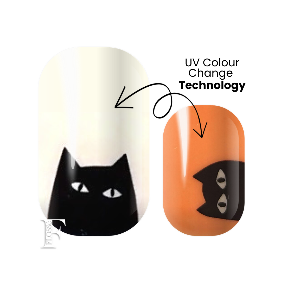 FLOSSé Salem nail wraps. White base colour with spooky kitty cat picture in black. White base changes to orange when exposed to uv light or sunlight. Nail wraps nz.