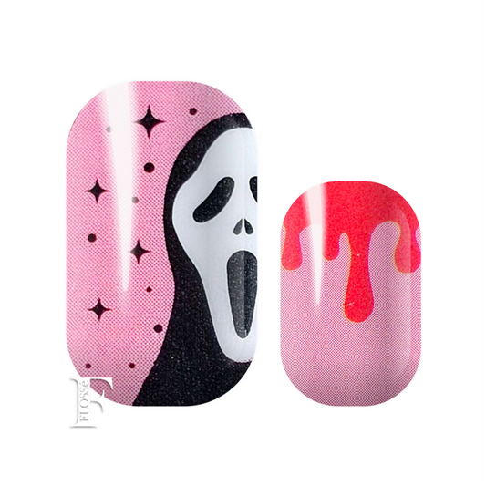 Flossé scream nail wraps for Halloween manicures. Fun candy pink base with fun pictures of scream masks, skeletons and dripping blood. 