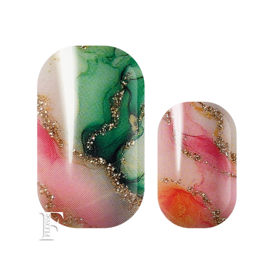Flossé nail wraps featuring a mixed marbled pattern with green, pink, peach, and gold glitter vein accent details. New Zealand nail wraps. 