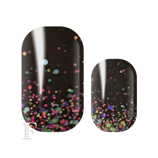 FLOSSé into the night nail wraps. Black block base overlaid with multicoloured sequins and glitter. 
