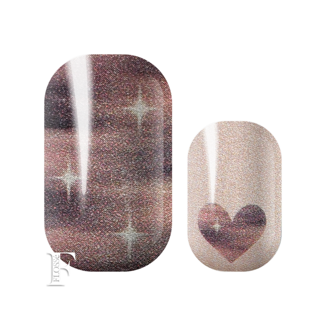 Shimmery pearl glitter nail wraps. Soft sandy creams, pinks, and maroon with heart accent nails. New Zealand nail wraps. 