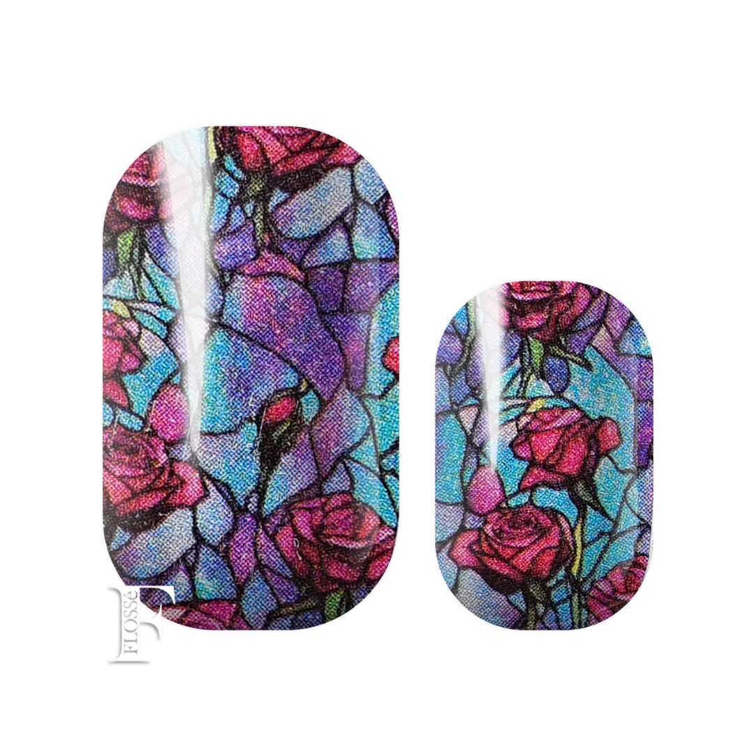 Pearl shimmer nail wraps with stain glass window style rose pattern in deep reds, purple and blue hues. New Zealand nail wrap stickers. 