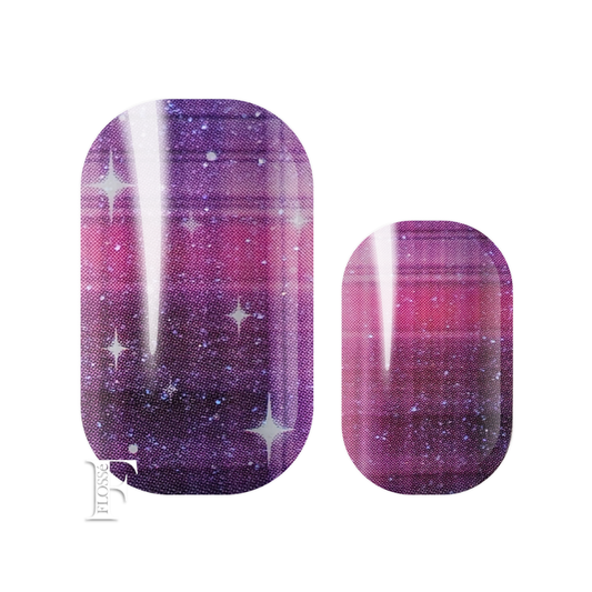 Flossé nail wraps sparkling burgundy and purple hues with pearl shimmer and a sprinkling of holographic glitter on top. New Zealand nail wrap stickers. 