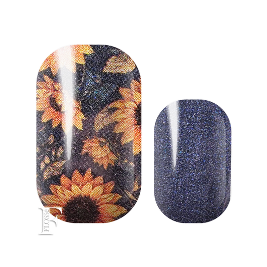 Mixed pearl glitter nail wrap set: alternating nail wraps of dark navy glitter base with a sunflower and autumn leaf floral print. Block orange pearl glitter nails, and block navy Pearl glitter nails. 